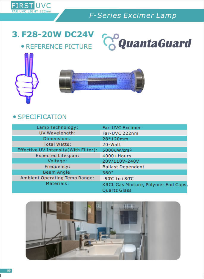 QuantaGuard Filtered 20W Far-UVC Light 222nm 24V DC FAR UVC Lighting 222 nm Excimer 20-Watt Lamp w/Remote Control and Motion Sensor
